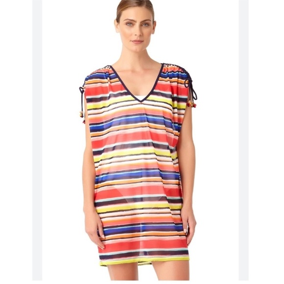 Anne Cole Women's Striped Mesh Swim Top Cover-Up Pink Multi size XS - Picture 1 of 12